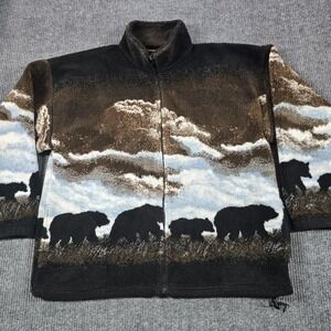 Cobblestone Canyon Jacket Mens 2XL Black Bomber Fleece Full Zip Bears All Over